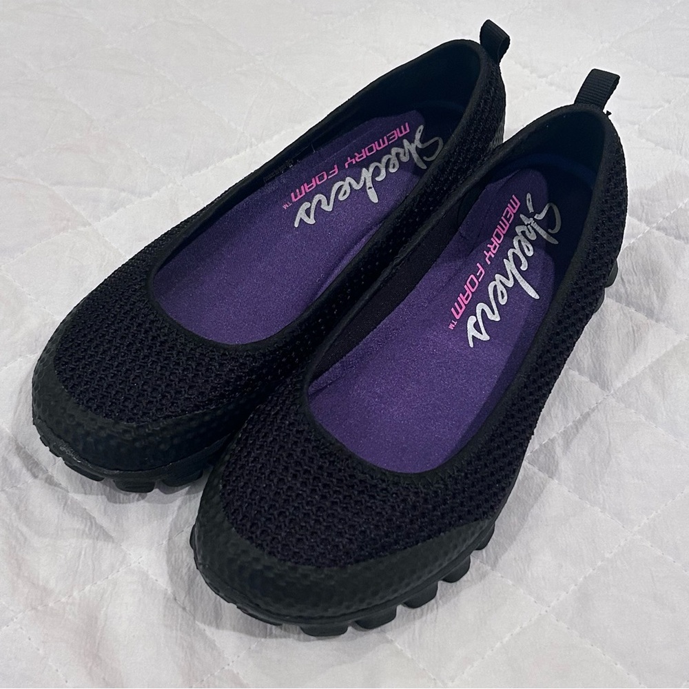 Skechers EZ Flex2 Sweetpea W7 Black Mesh Lace Memory Foam Ballet Flats Mary Jane